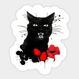 Black Cat Red Poppy Sticker